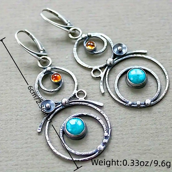 Bohemian Round Blue Stone Earrings Handmade Silver Engraved Round Dangle - Picture 6 of 7